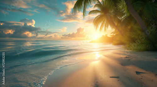 a beautiful tropical beach with palm trees, beautiful warm light