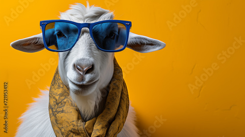 closeup of white goat with deep blue sunglasses on yellow background