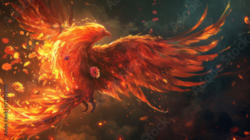 A phoenix that has an orange flame and a flower in it's wings.