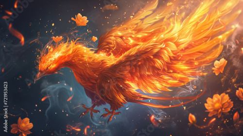 A phoenix that has an orange flame and a flower in it's wings. © imlane