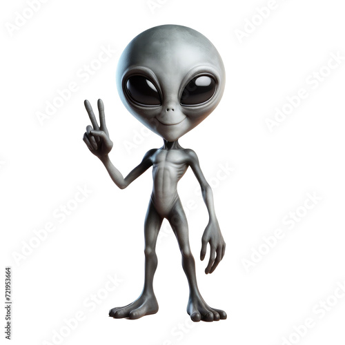 A friendly grey alien with big eyes making a peace sign  ideal for concepts of extraterrestrial contact and universal peace  isolated on transparent background.