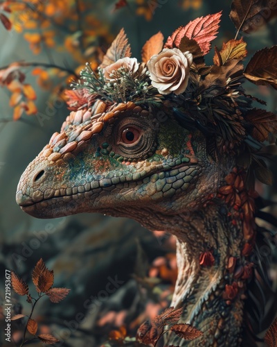 a dinosaur with flowers on its head