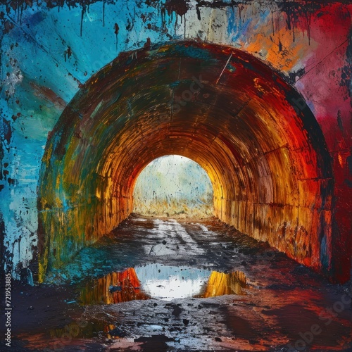 a colorful tunnel with a reflection of water