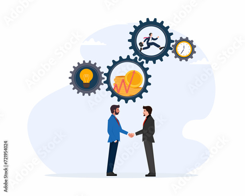 Business team deal on workflow to success cogwheel gears productivity or efficiency, strategy to achieve target.