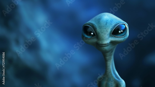 A mischievous 3D space alien with a friendly and curious expression, set against a mystical dark blue background.