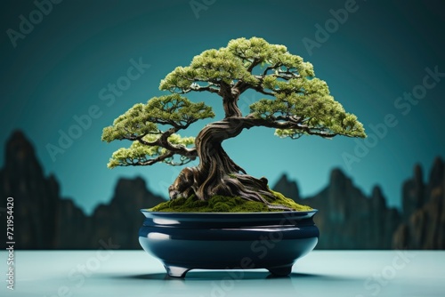Bonsai Tree in pot on nature on blurred background. potted plant, nature in miniature , meditative practice, mindful hobby concept.