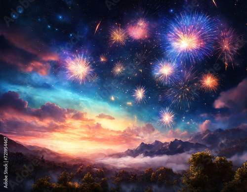 Color holiday fireworks background with sparks, colored stars and bright nebula on black night sky universe. Amazing beauty colorful fireworks display on celebration, show. Holidays backgrounds