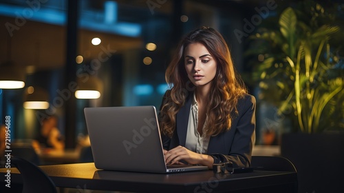 A young, y businessperson wearing a black shirt and black jacket is using her silver laptop to write, read, and work within her office building.