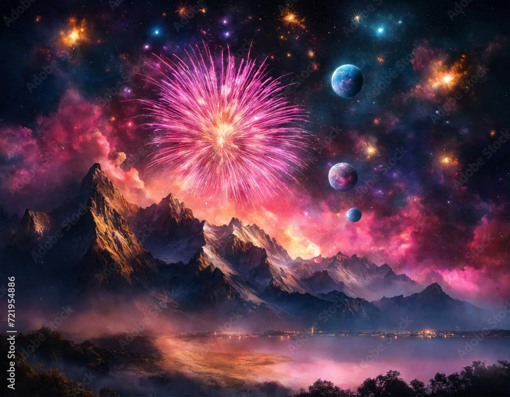 Pink holiday fireworks background with sparks, colored stars and bright nebula on black night sky universe. Amazing beauty colorful fireworks display on celebration, showing. Holidays backgrounds