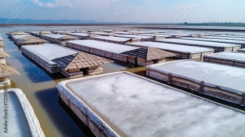 An aerial view of a salt farm in thailand that is about to be harvested.