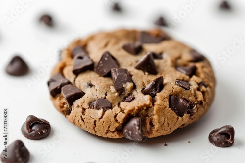 a chocolate chip cookie with small pieces of chocolate on top photo