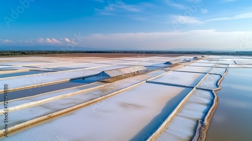 An aerial view of a salt farm in thailand that is about to be harvested. photo