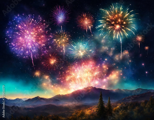 Retro holiday fireworks background with sparks, colored stars and bright nebula on black night sky universe. Amazing beauty colorful fireworks display on celebration, showing. Holidays backgrounds