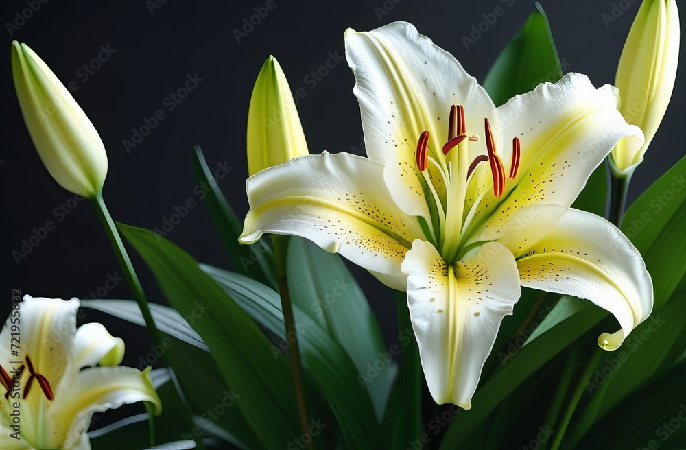 lily flowers Isolated on black background. Beautiful White Lily flower close up. Background with flowering bouquet. Inspirational natural floral spring blooming garden or park. Ecology nature concept