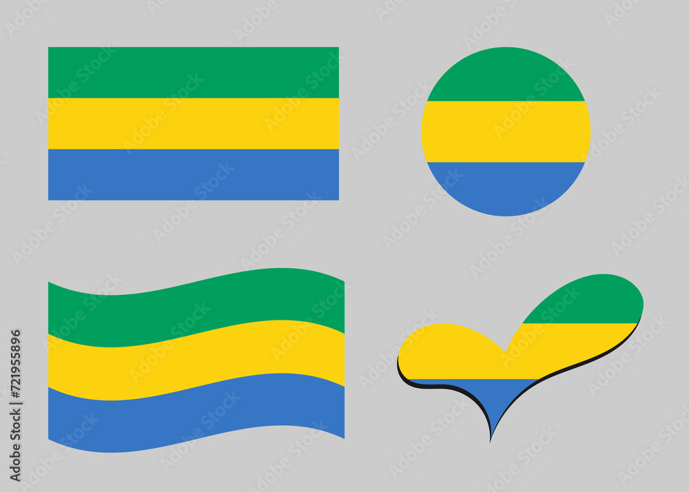 Flag of Gabon. Gabon flag in heart shape. Gabon flag in circle shape. Country flag variations Flag of Gabon. Gabon flag in heart shape. Gabon flag in circle shape. Country flag variations