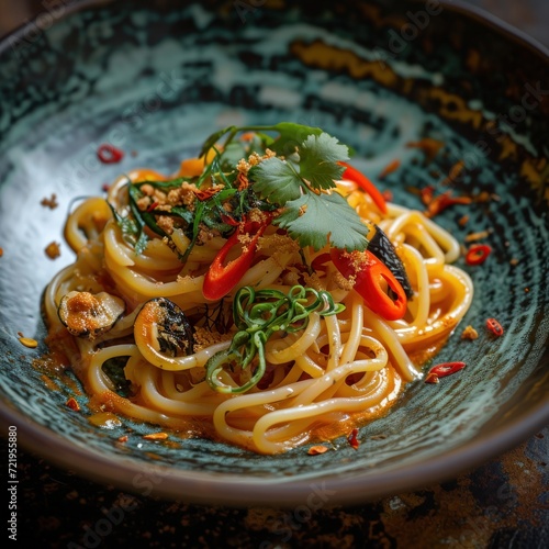 a bowl of noodles with chili peppers and herbs photo