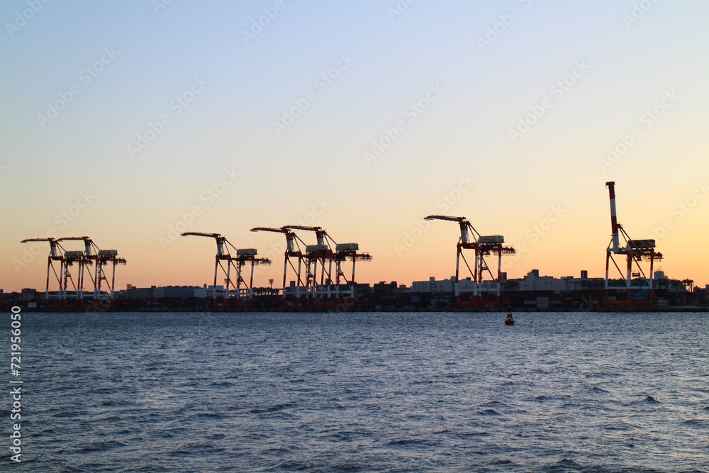 Gantry cranes and cargo ships in dusk at Oi Container Terminal in Tokyo, Japan