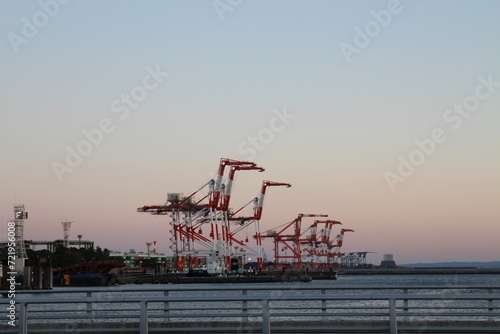 Gantry cranes in dusk at Aomi Container Terminal in Tokyo, Japan photo