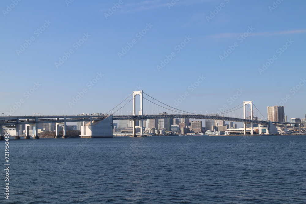 Rainbow Bridge viewed from Toyosu in Tokyo, Japan