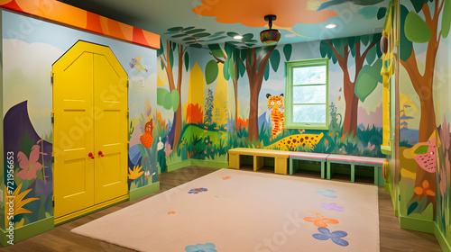 Enchanted Forest-Themed Children's Playroom with Whimsical Murals AI-Generative photo