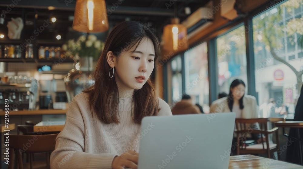 Young Asian woman using laptop working at a coffee shop - obrazy, fototapety, plakaty 