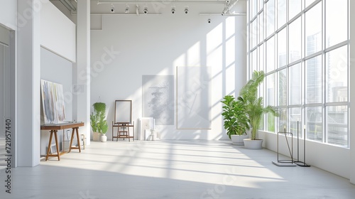 Light and Airy Studio Floor-to-ceiling windows flood this minimalist artist s studio with natural light. White walls and clean lines provide a blank canvas for creativity