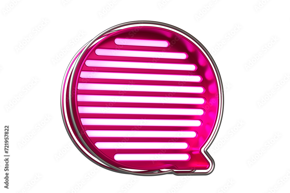Metallic display font letter Q in silver with vivid pink lines. Flashing lettering for creating titles, ad headers and eye-catching texts. High quality 3D rendering.