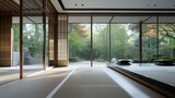 Modern Minimalism Japanese interior Clean lines contemporary space. Sleek tatami mats seamlessly integrate with expansive windows, surrounding bamboo grove. natural harmonious haven of tranquility.