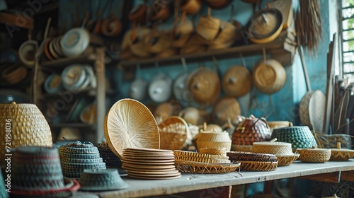 This image offers a glimpse into the intricate world of traditional basketry, featuring a diverse collection of handmade baskets and crafts that highlight skillful artisanship and cultural heritage.