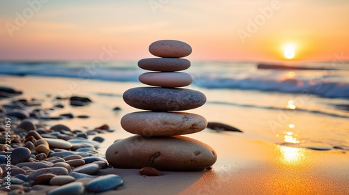 For sunrise light meditation and relaxation  zen stones are balanced on the beach.