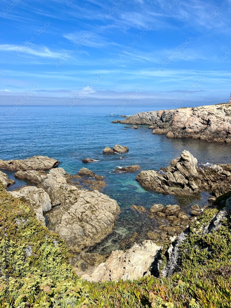 Blue ocean view, rocky coast with colorful plants, vivid ocean coast, natural colors, blue sky, summer Blue ocean view, rocky coast with colorful plants, vivid ocean coast, natural colors, blue sky, summer