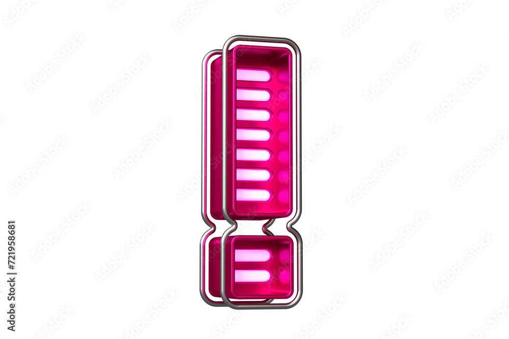Chrome and pink neon font exclamation mark. Beautiful typography for creating titles, ad headers and eye-catching texts. High quality 3D rendering. Chrome and pink neon font exclamation mark. Beautiful typography for creating titles, ad headers and eye-catching texts. High quality 3D rendering.