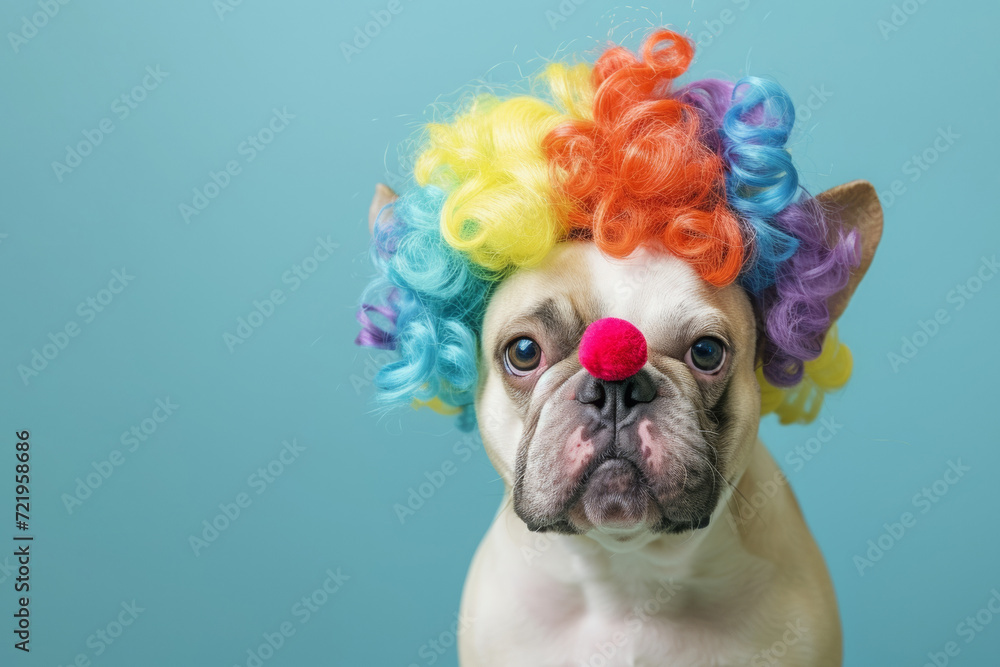 French bulldog with clown multicolor wig. AI generative art 