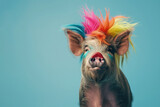 Wild boar with clown multicolor wig. AI generative art 