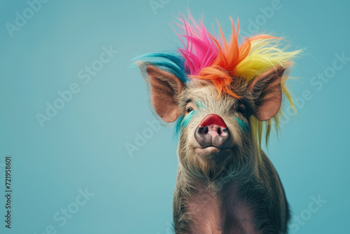 Wild boar with clown multicolor wig. AI generative art 