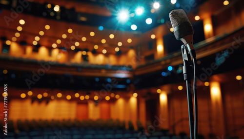 microphone on stage against the backdrop of an empty concert hall, copy space