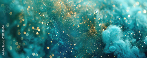 Abstract smoke background in blue green colors and gold particles with highlights and blurs for design.