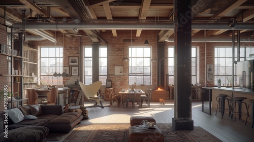 Rustic Industrial Loft brick walls and salvaged wooden beams infuse raw character into this open-plan loft. Large windows flood the space vintage industrial furniture and metallic accents. © CraftyImago