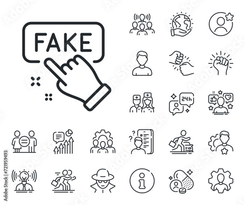 Propaganda conspiracy sign. Specialist, doctor and job competition outline icons. Fake information line icon. Web wrong truth symbol. Fake information line sign. Vector