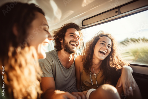 Friends Laughing in a Car on a Sunny Day.