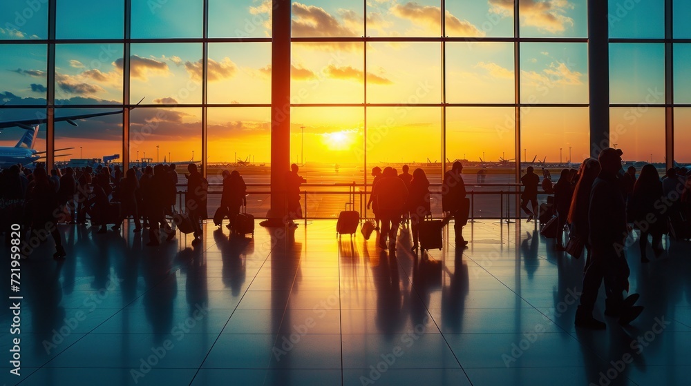 Silhouette of a busy terminal, travelers in motion, a bustling airport crowd at dusk, and a diverse group of people