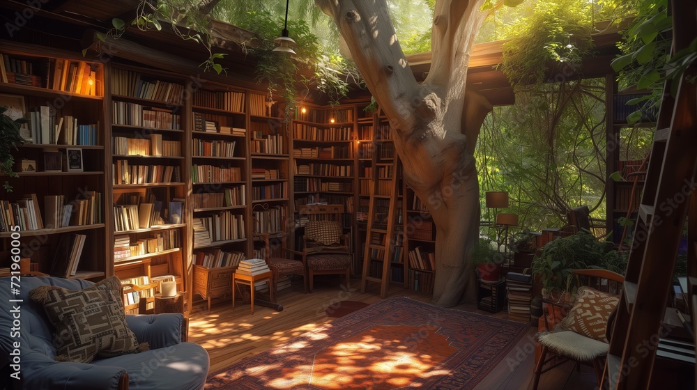 Treehouse Library whimsical treehouse library. Bookshelves crafted from reclaimed wood line the walls, reaching up to the leafy canopy overhead. cozy reading nooks tucked amongst the branches Treehouse Library whimsical treehouse library. Bookshelves crafted from reclaimed wood line the walls, reaching up to the leafy canopy overhead. cozy reading nooks tucked amongst the branches