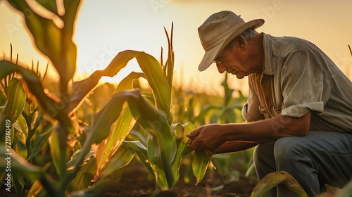 Picking corn in a beautiful cornfield during sunset is being done by a male wearing a flannel shirt.
