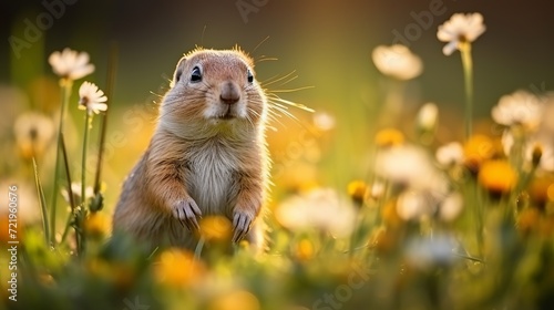 Squirrels on the meadow in bloom are the common ground squirrel and the european squirrel, suslik spermophilus citellus. photo