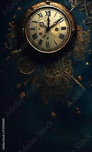 Vintage clock on dark background. Time concept. 3d rendering
