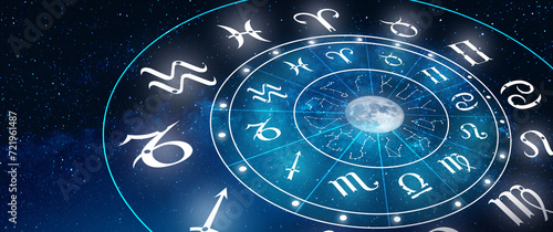 Astrology Zodiac sign of Horoscope in deep blue the star and the moon background. Magic power of fortune in the universe Concept. photo