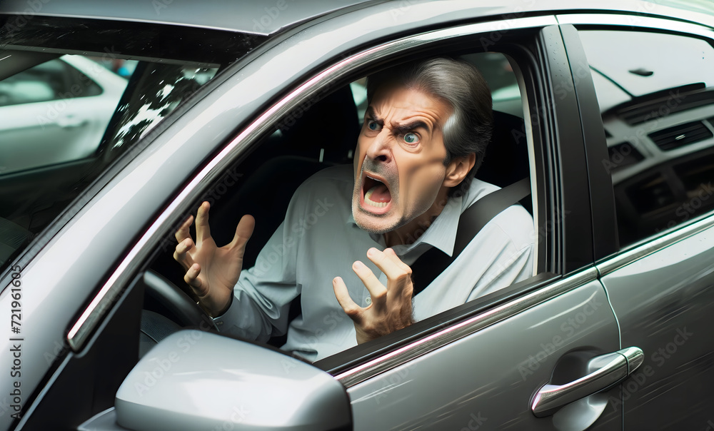 An middleaged angry man is sitting in the car and yelling at the drivers. Modern stressed urban life concept An middleaged angry man is sitting in the car and yelling at the drivers. Modern stressed urban life concept