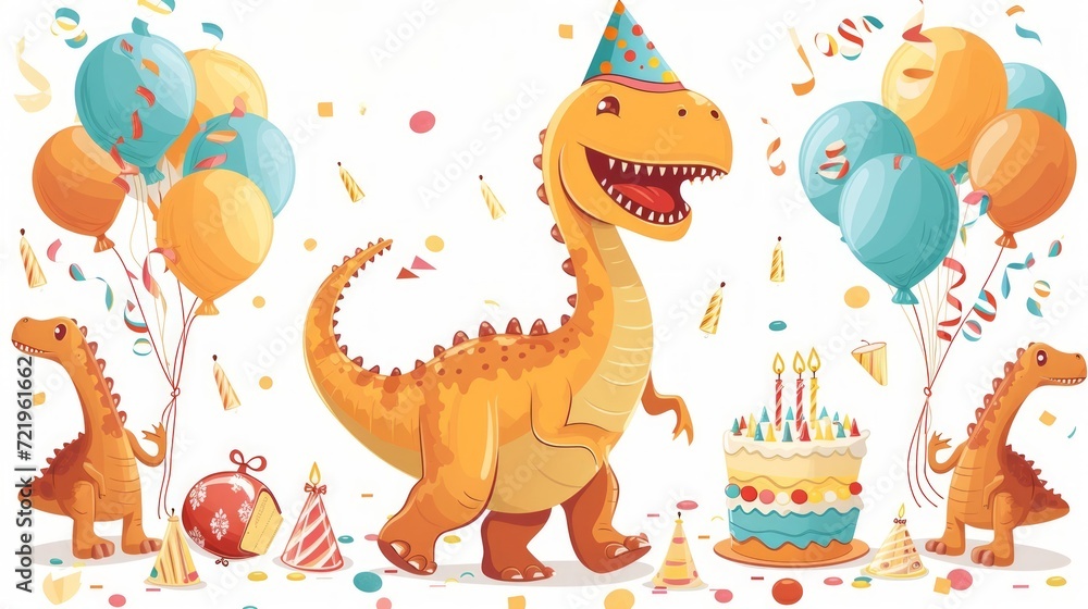 Naklejka premium Cartoon dinosaur with birthday balloons, cake, and hats in a colorful birthday celebration scene.
