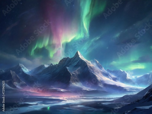 View of aurora borealis  night and snow mountains. design for background  web  social media. ai generative design