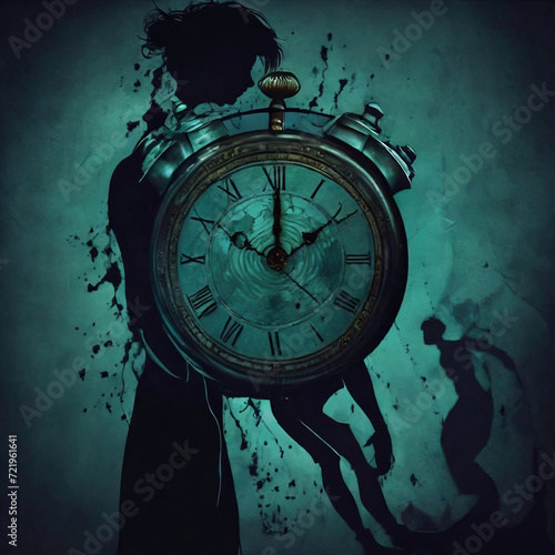 Fantastic time is running out concept. Silhouette of a man with a clock. Time  sadness  halloween concept.